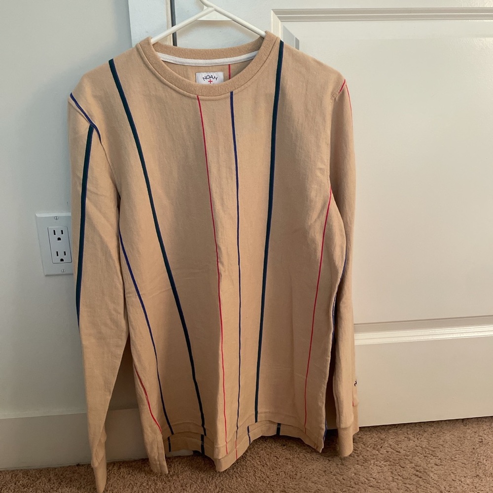 Noah NYC Beige Long Sleeve Shirt with Navy, Red, and Purple Stripes
